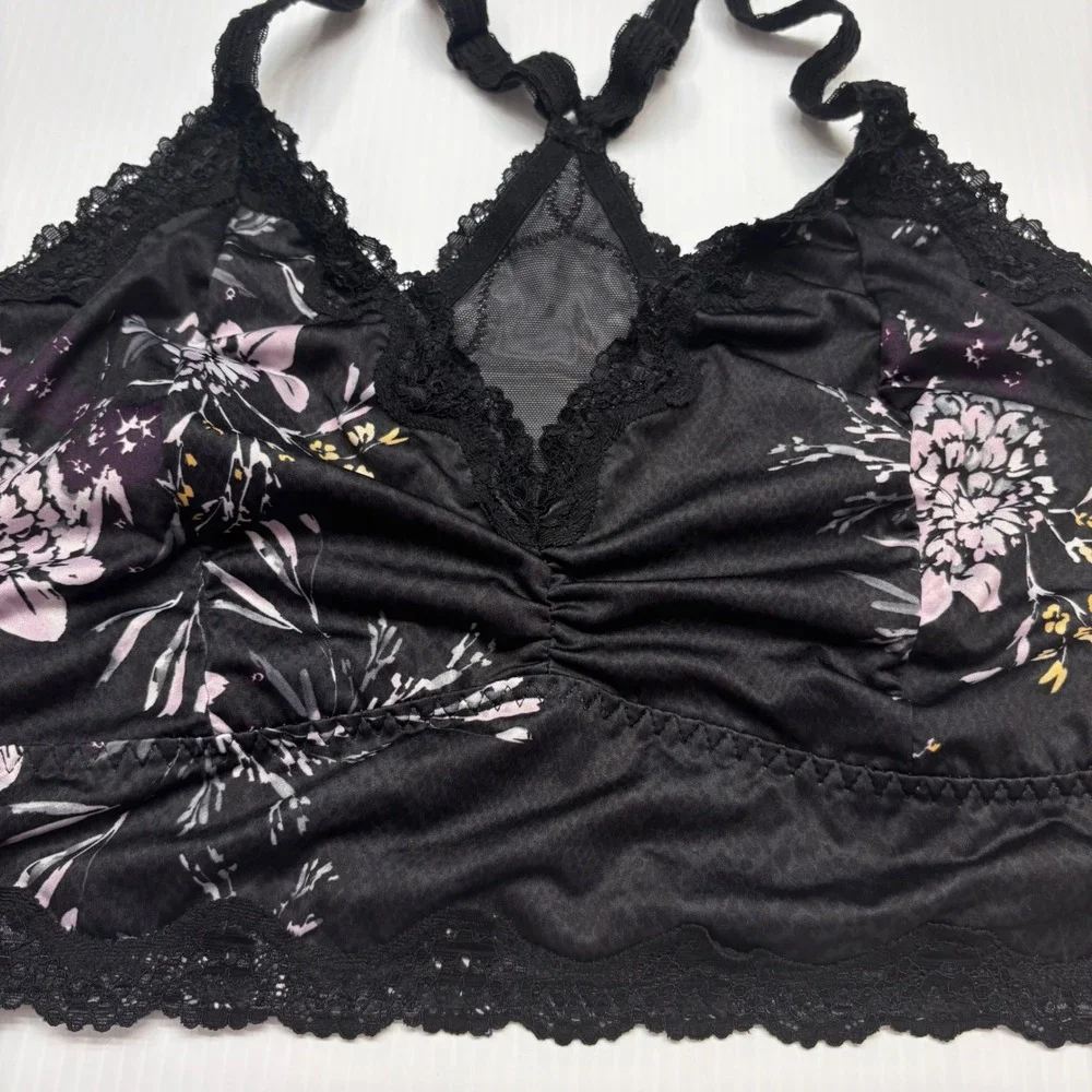 Torrid Bralette Womens 3 Black Floral Lace Trim Racerback Unlined Silky Lingerie